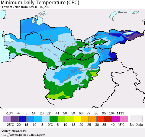 Central Asia Minimum Daily Temperature (CPC) Thematic Map For 11/8/2021 - 11/14/2021