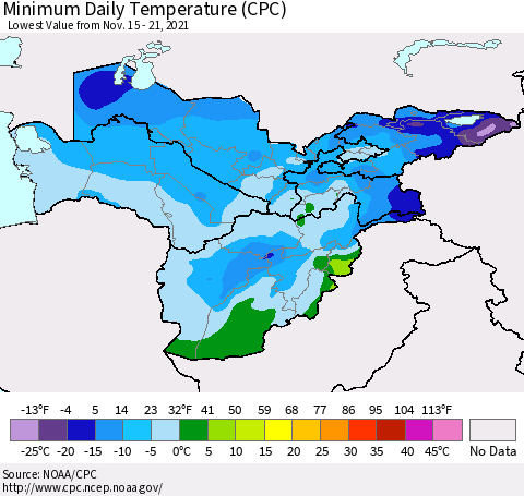 Central Asia Minimum Daily Temperature (CPC) Thematic Map For 11/15/2021 - 11/21/2021