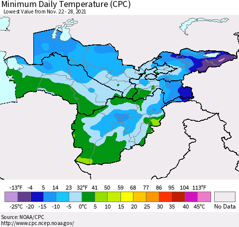 Central Asia Minimum Daily Temperature (CPC) Thematic Map For 11/22/2021 - 11/28/2021