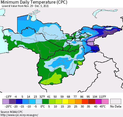 Central Asia Minimum Daily Temperature (CPC) Thematic Map For 11/29/2021 - 12/5/2021