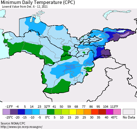 Central Asia Minimum Daily Temperature (CPC) Thematic Map For 12/6/2021 - 12/12/2021