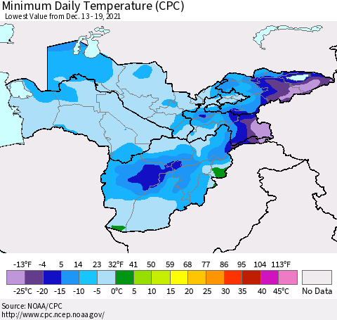 Central Asia Minimum Daily Temperature (CPC) Thematic Map For 12/13/2021 - 12/19/2021