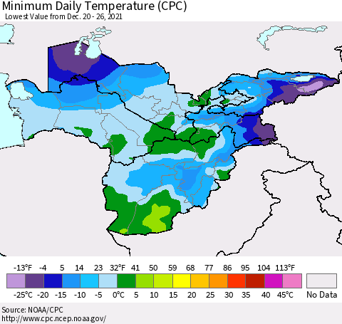 Central Asia Minimum Daily Temperature (CPC) Thematic Map For 12/20/2021 - 12/26/2021