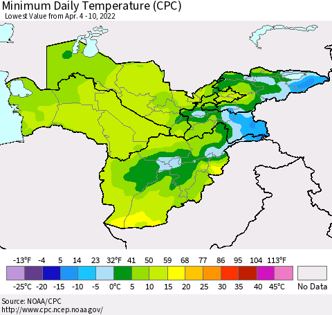 Central Asia Minimum Daily Temperature (CPC) Thematic Map For 4/4/2022 - 4/10/2022