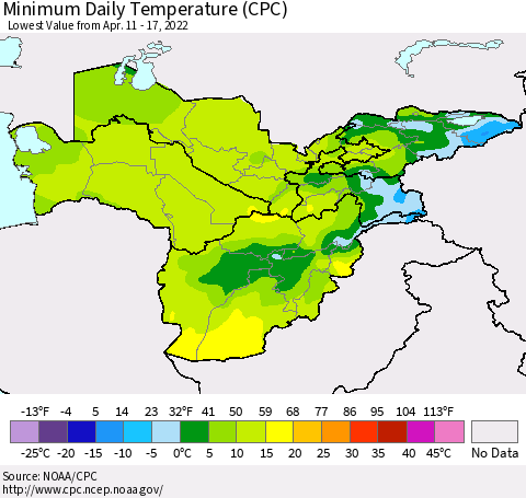 Central Asia Minimum Daily Temperature (CPC) Thematic Map For 4/11/2022 - 4/17/2022