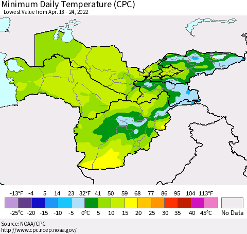 Central Asia Minimum Daily Temperature (CPC) Thematic Map For 4/18/2022 - 4/24/2022