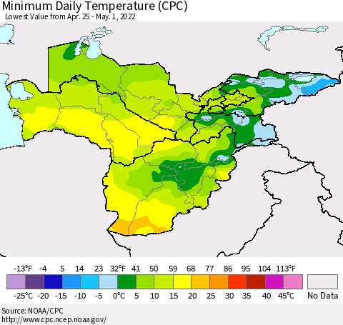 Central Asia Minimum Daily Temperature (CPC) Thematic Map For 4/25/2022 - 5/1/2022