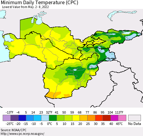 Central Asia Minimum Daily Temperature (CPC) Thematic Map For 5/2/2022 - 5/8/2022