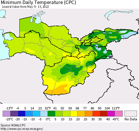 Central Asia Minimum Daily Temperature (CPC) Thematic Map For 5/9/2022 - 5/15/2022