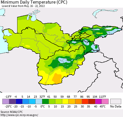Central Asia Minimum Daily Temperature (CPC) Thematic Map For 5/16/2022 - 5/22/2022
