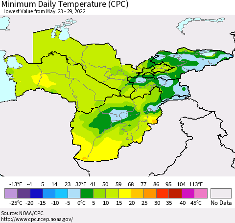 Central Asia Minimum Daily Temperature (CPC) Thematic Map For 5/23/2022 - 5/29/2022