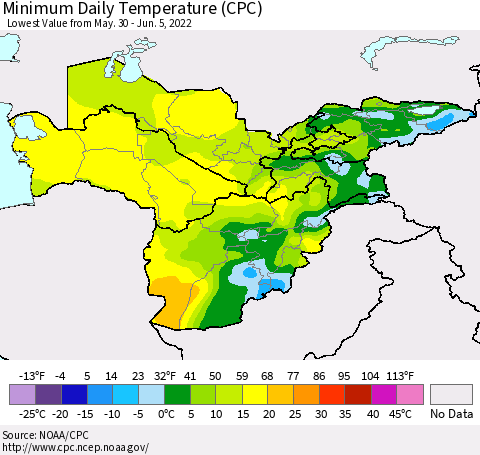 Central Asia Minimum Daily Temperature (CPC) Thematic Map For 5/30/2022 - 6/5/2022