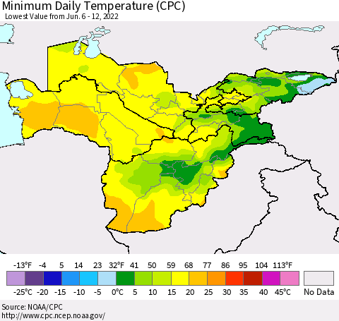 Central Asia Minimum Daily Temperature (CPC) Thematic Map For 6/6/2022 - 6/12/2022