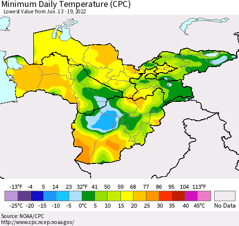Central Asia Minimum Daily Temperature (CPC) Thematic Map For 6/13/2022 - 6/19/2022