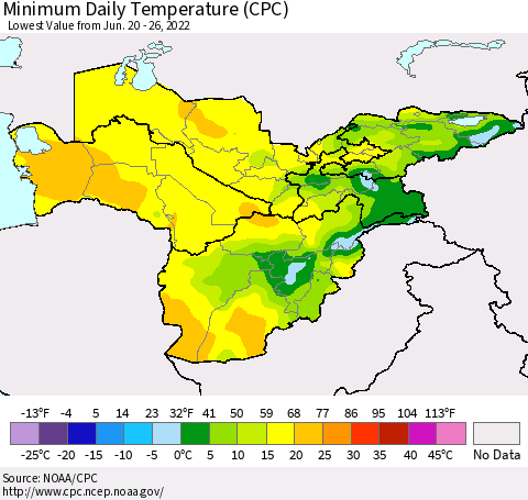 Central Asia Minimum Daily Temperature (CPC) Thematic Map For 6/20/2022 - 6/26/2022