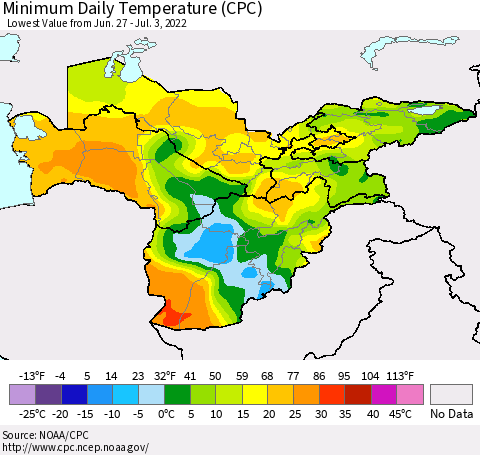 Central Asia Minimum Daily Temperature (CPC) Thematic Map For 6/27/2022 - 7/3/2022