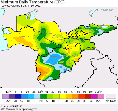 Central Asia Minimum Daily Temperature (CPC) Thematic Map For 7/4/2022 - 7/10/2022