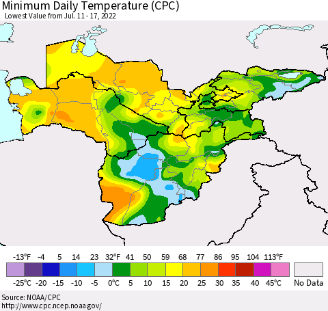 Central Asia Minimum Daily Temperature (CPC) Thematic Map For 7/11/2022 - 7/17/2022