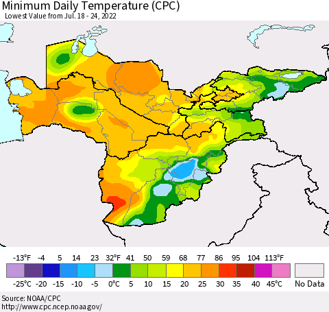 Central Asia Minimum Daily Temperature (CPC) Thematic Map For 7/18/2022 - 7/24/2022