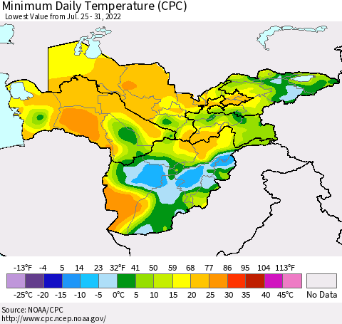 Central Asia Minimum Daily Temperature (CPC) Thematic Map For 7/25/2022 - 7/31/2022