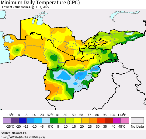 Central Asia Minimum Daily Temperature (CPC) Thematic Map For 8/1/2022 - 8/7/2022
