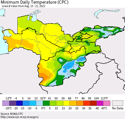 Central Asia Minimum Daily Temperature (CPC) Thematic Map For 8/15/2022 - 8/21/2022
