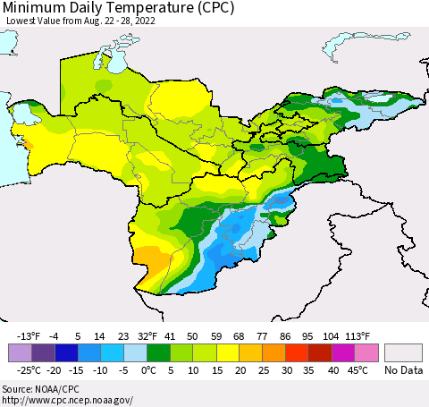 Central Asia Minimum Daily Temperature (CPC) Thematic Map For 8/22/2022 - 8/28/2022