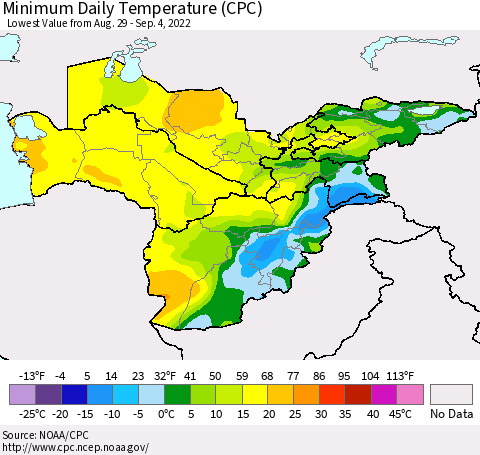 Central Asia Minimum Daily Temperature (CPC) Thematic Map For 8/29/2022 - 9/4/2022
