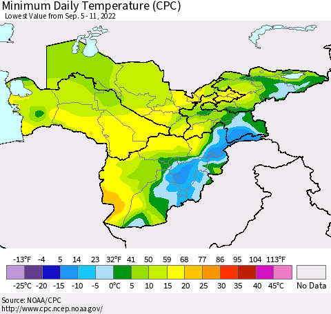 Central Asia Minimum Daily Temperature (CPC) Thematic Map For 9/5/2022 - 9/11/2022