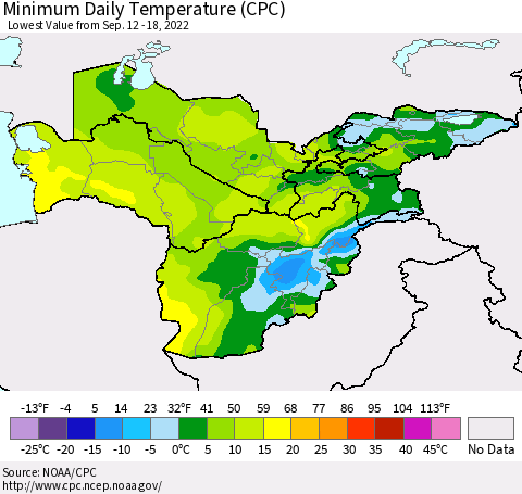 Central Asia Minimum Daily Temperature (CPC) Thematic Map For 9/12/2022 - 9/18/2022