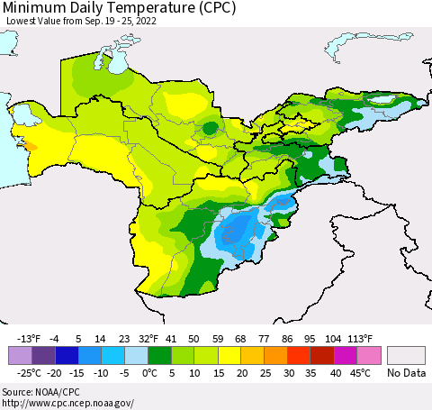 Central Asia Minimum Daily Temperature (CPC) Thematic Map For 9/19/2022 - 9/25/2022