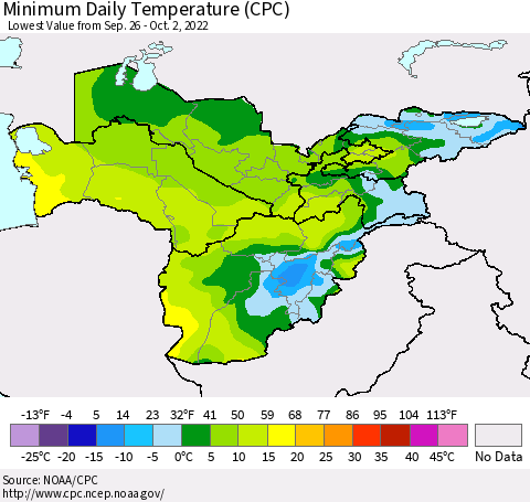 Central Asia Minimum Daily Temperature (CPC) Thematic Map For 9/26/2022 - 10/2/2022