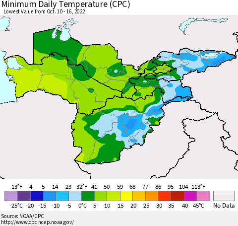 Central Asia Minimum Daily Temperature (CPC) Thematic Map For 10/10/2022 - 10/16/2022