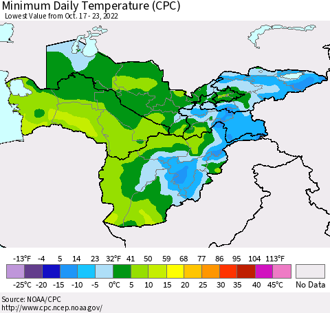 Central Asia Minimum Daily Temperature (CPC) Thematic Map For 10/17/2022 - 10/23/2022