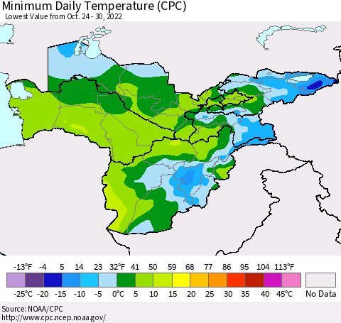 Central Asia Minimum Daily Temperature (CPC) Thematic Map For 10/24/2022 - 10/30/2022