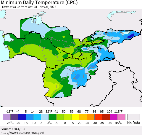 Central Asia Minimum Daily Temperature (CPC) Thematic Map For 10/31/2022 - 11/6/2022