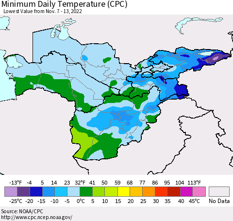 Central Asia Minimum Daily Temperature (CPC) Thematic Map For 11/7/2022 - 11/13/2022