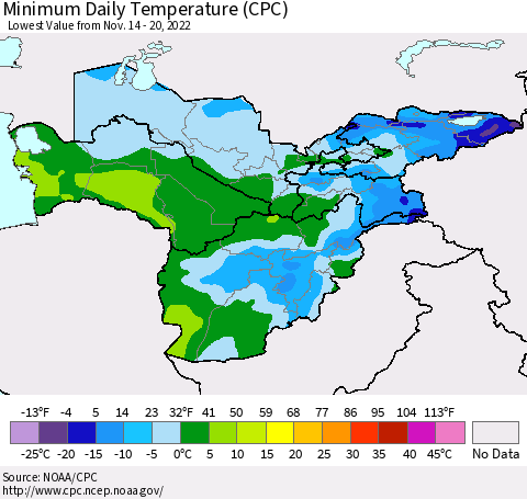Central Asia Minimum Daily Temperature (CPC) Thematic Map For 11/14/2022 - 11/20/2022