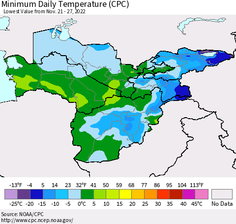 Central Asia Minimum Daily Temperature (CPC) Thematic Map For 11/21/2022 - 11/27/2022
