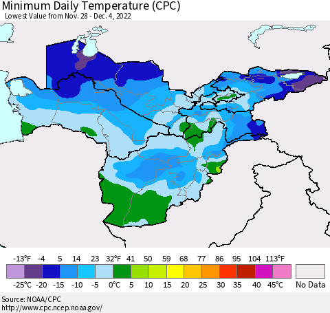 Central Asia Minimum Daily Temperature (CPC) Thematic Map For 11/28/2022 - 12/4/2022