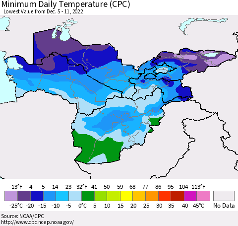 Central Asia Minimum Daily Temperature (CPC) Thematic Map For 12/5/2022 - 12/11/2022