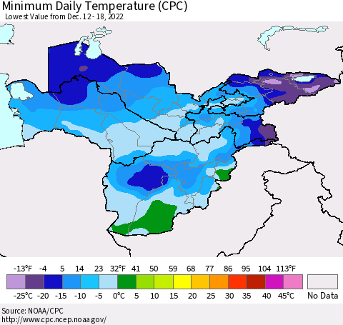 Central Asia Minimum Daily Temperature (CPC) Thematic Map For 12/12/2022 - 12/18/2022