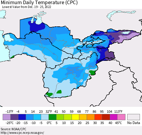 Central Asia Minimum Daily Temperature (CPC) Thematic Map For 12/19/2022 - 12/25/2022