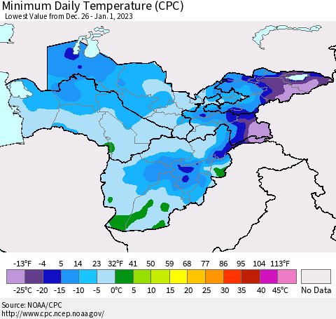 Central Asia Minimum Daily Temperature (CPC) Thematic Map For 12/26/2022 - 1/1/2023