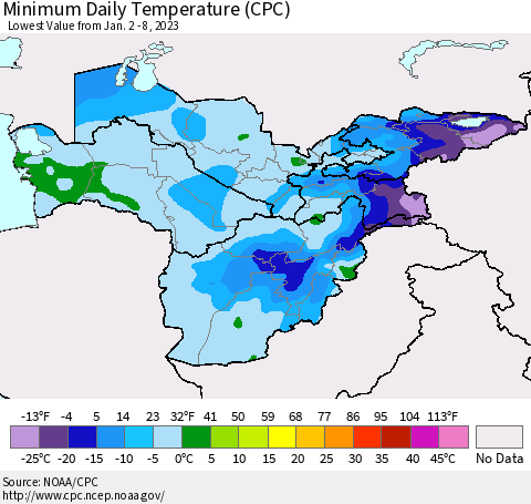 Central Asia Minimum Daily Temperature (CPC) Thematic Map For 1/2/2023 - 1/8/2023