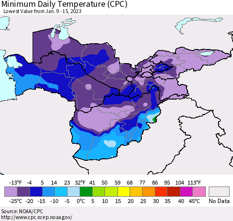 Central Asia Minimum Daily Temperature (CPC) Thematic Map For 1/9/2023 - 1/15/2023