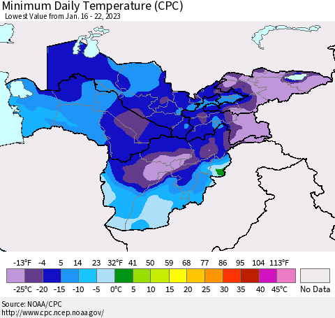 Central Asia Minimum Daily Temperature (CPC) Thematic Map For 1/16/2023 - 1/22/2023