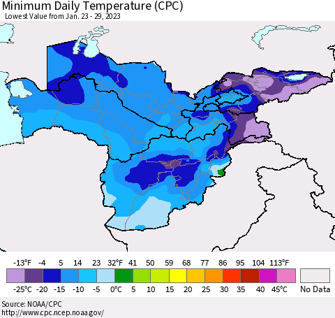 Central Asia Minimum Daily Temperature (CPC) Thematic Map For 1/23/2023 - 1/29/2023