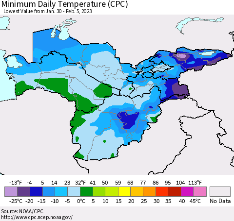 Central Asia Minimum Daily Temperature (CPC) Thematic Map For 1/30/2023 - 2/5/2023