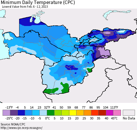 Central Asia Minimum Daily Temperature (CPC) Thematic Map For 2/6/2023 - 2/12/2023